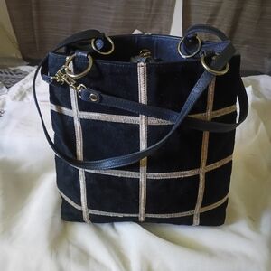 Dominican Republic Vintage Black Suede Color Block Tote Handbag